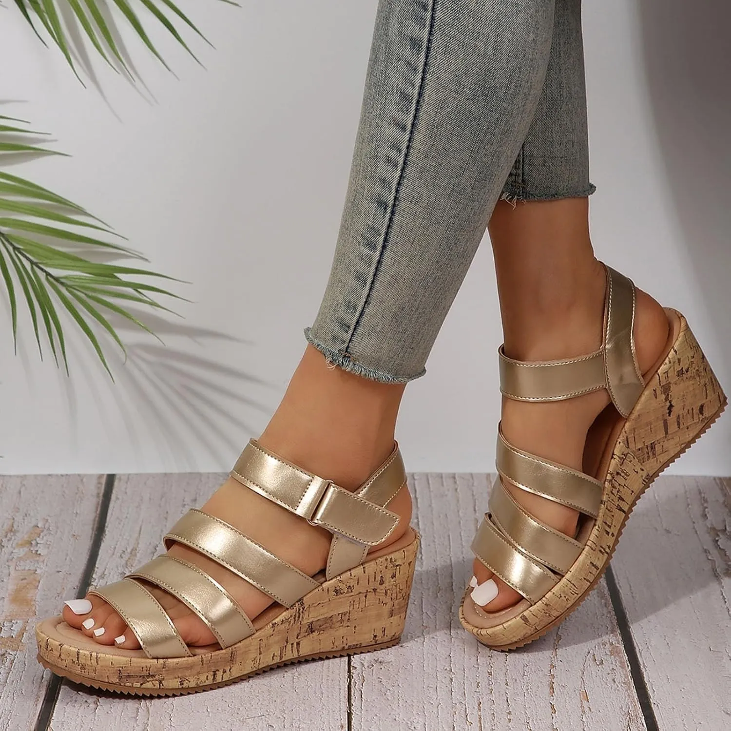 Women's Leather Cork Strappy Wedge Sandals Platform Sandal Dressy Wide Orthopedic Arch Support Open Toe Walking Shoes Heels with Shoes Hollow Out Travel Beach Comfort Slingback Casual Flat