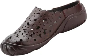 Women's Leather Cutout Wedge Mules,Vintage Orthotic Comfy Closed Toe Backless Slide Walking Clogs Ox Softsole Slippers
