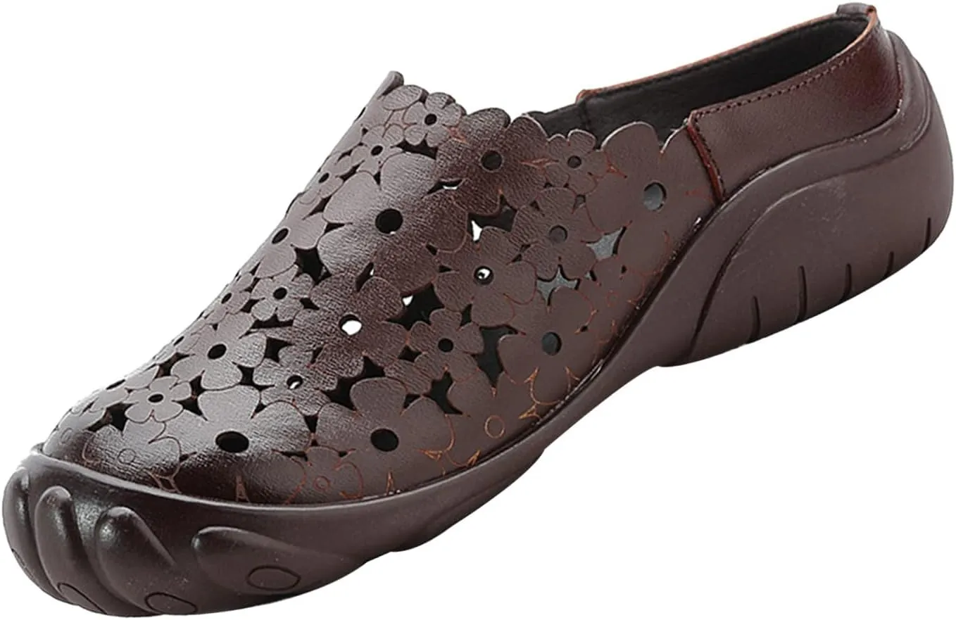 Women's Leather Cutout Wedge Mules,Vintage Orthotic Comfy Closed Toe Backless Slide Walking Clogs Ox Softsole Slippers