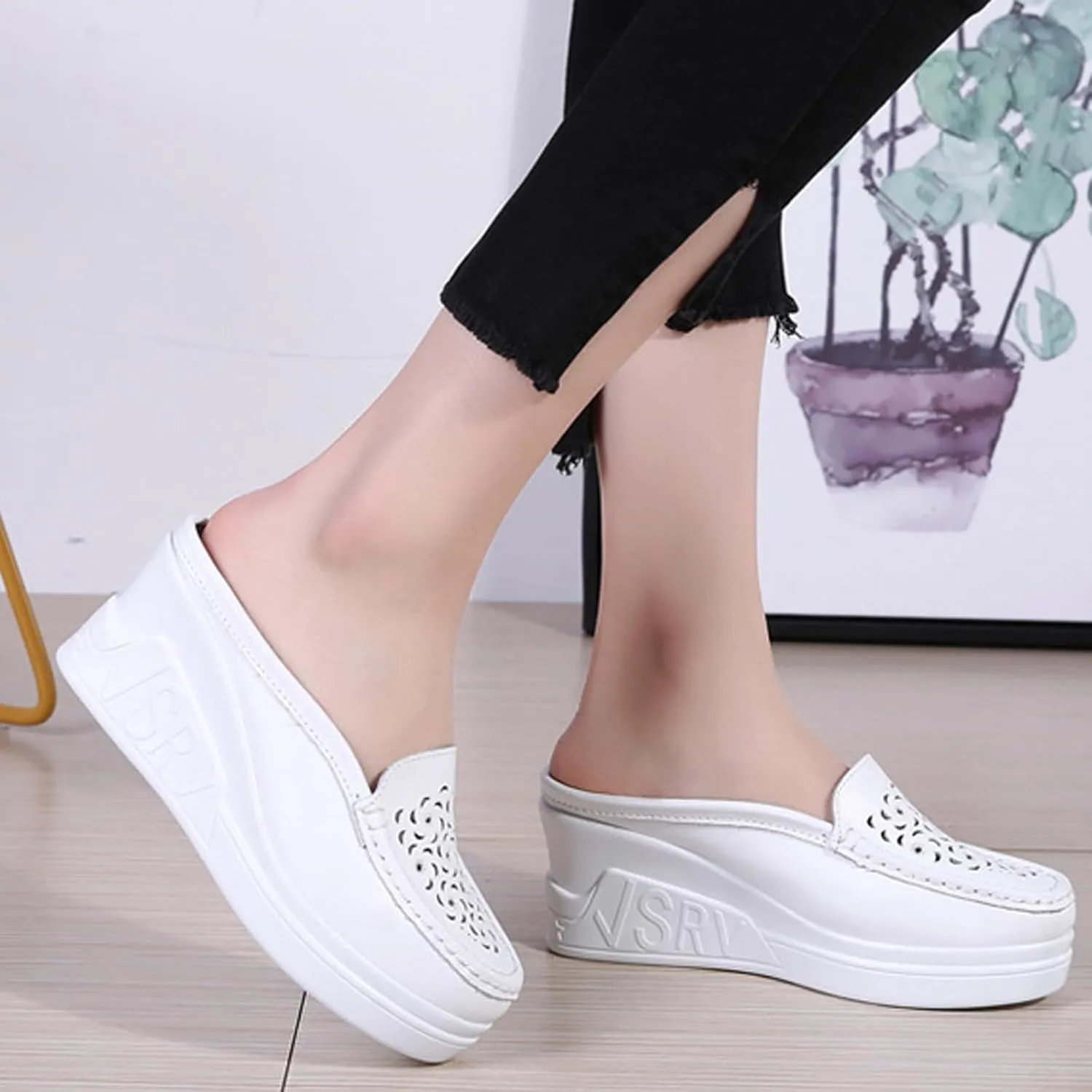 Women's Leather Hollow Platform Increase Height Mules,Comfortable Slip On Elegant Wedge Walking Sandals Closed Toe Backless Fashion Casual Breathable Beach Slippers