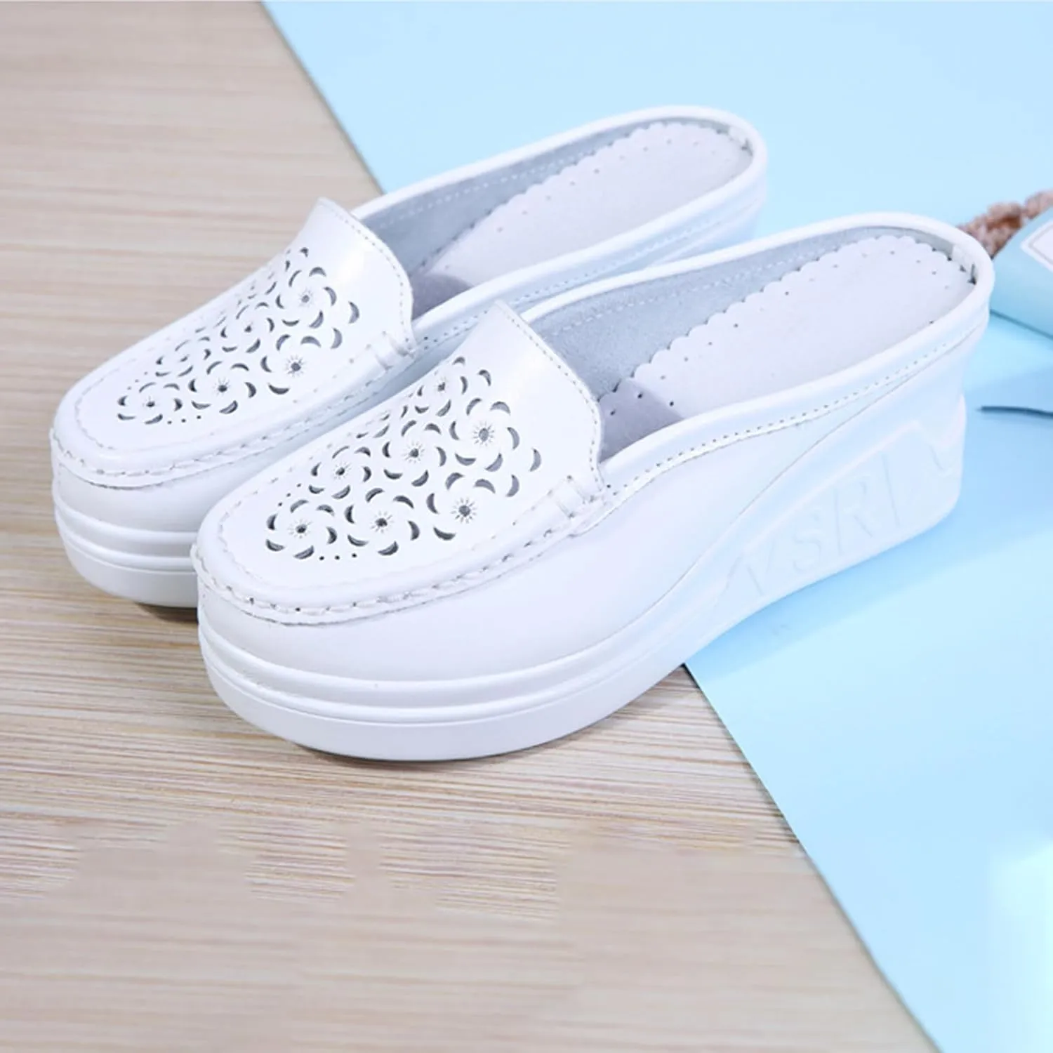 Women's Leather Hollow Platform Increase Height Mules,Comfortable Slip On Elegant Wedge Walking Sandals Closed Toe Backless Fashion Casual Breathable Beach Slippers