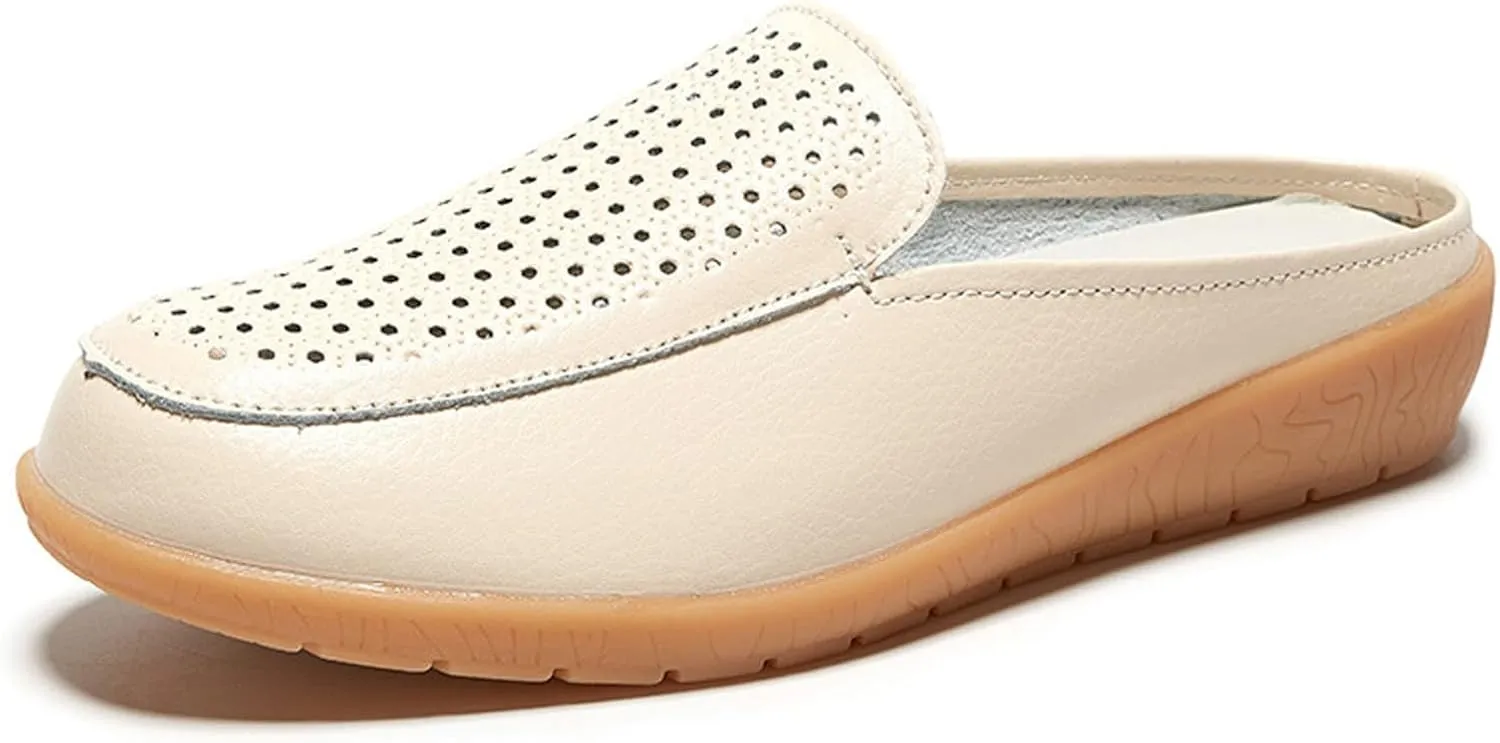 Womens Leather Hollow Slip-On Lightweight Flat Mules Closed Round Toe Comfortable Soft Non-Slip Backless Casual Penny Shoes for Daily Walking Outdoor