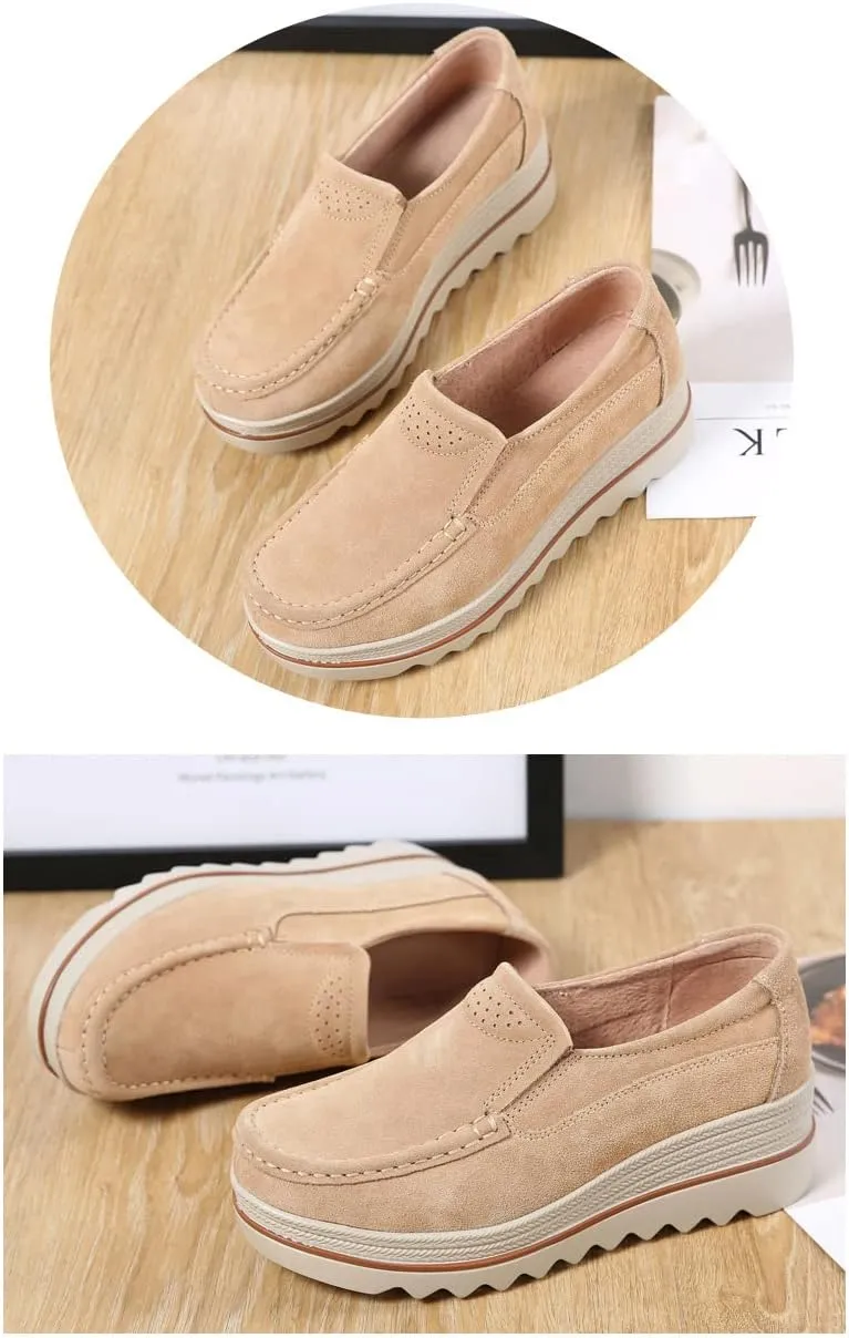 Women's Leather Platform Loafers Shoes, Faux Suede Moccasins Good Arch Slip On Loafer Non-Slip Thick Sole Comfort Wide Low Top Shoe