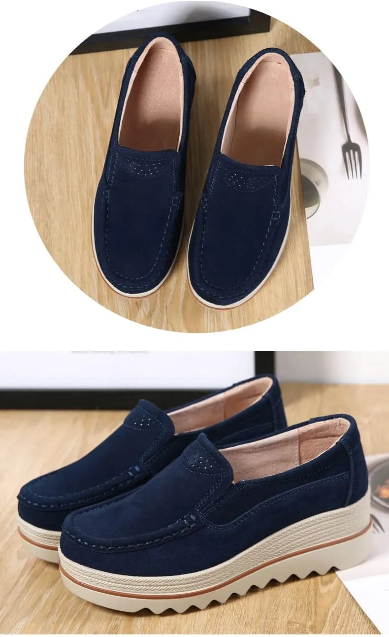 Women's Leather Platform Loafers Shoes, Faux Suede Moccasins Good Arch Slip On Loafer Non-Slip Thick Sole Comfort Wide Low Top Shoe