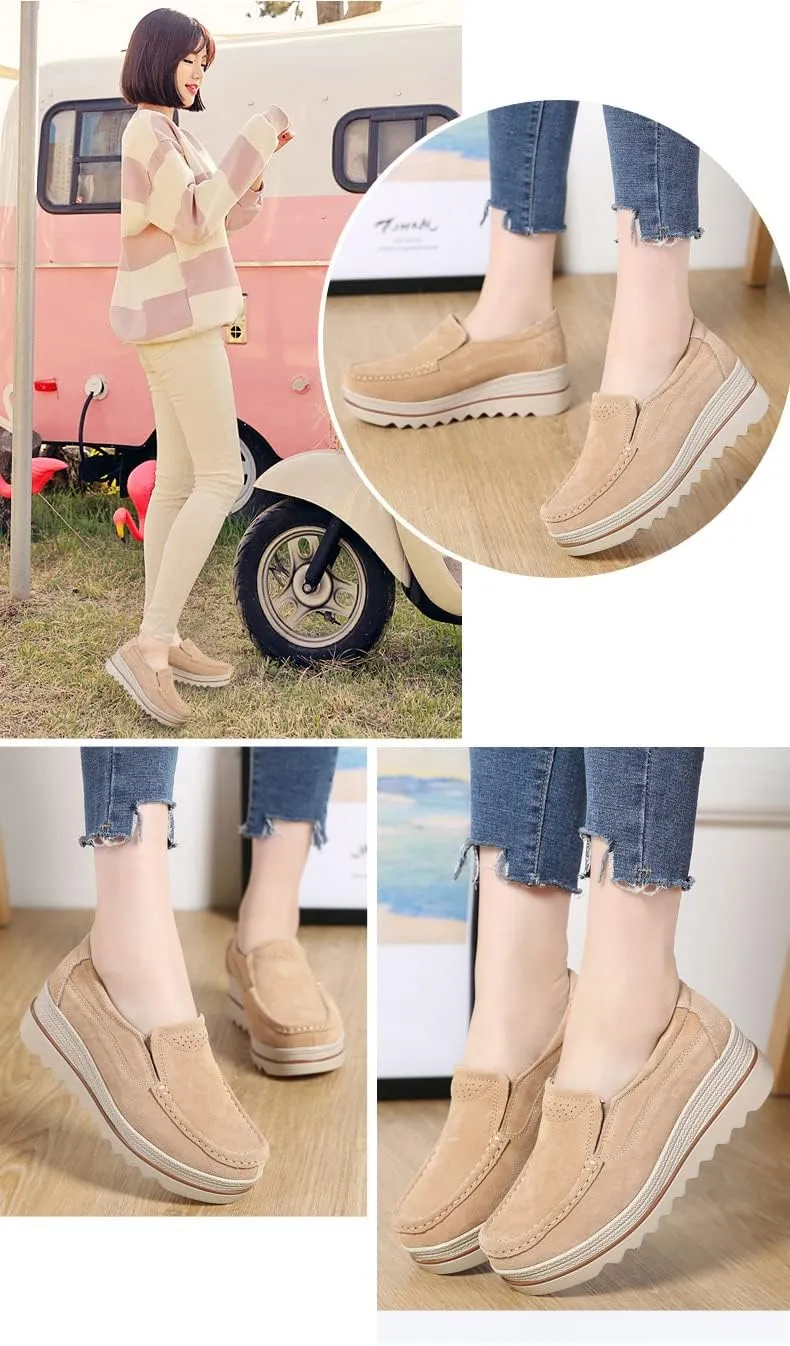 Women's Leather Platform Loafers Shoes, Faux Suede Moccasins Good Arch Slip On Loafer Non-Slip Thick Sole Comfort Wide Low Top Shoe