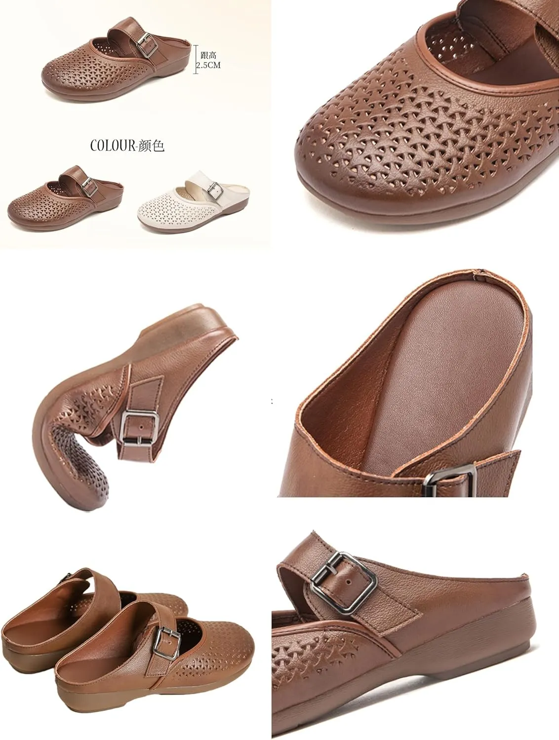 Women's Leather Slip-On Mules,Lightweight Comfy Closed Toe Backless Clogs Adjustable Buckle Oxford Casual Dress Sandals