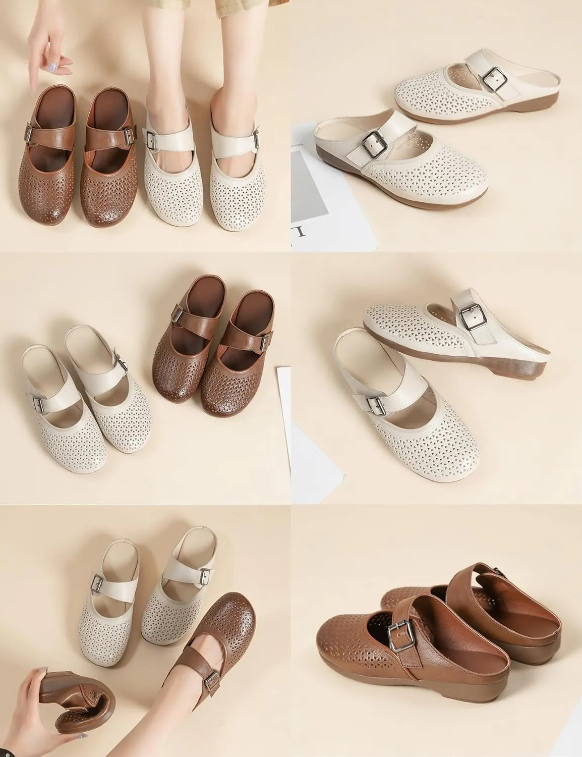 Women's Leather Slip-On Mules,Lightweight Comfy Closed Toe Backless Clogs Adjustable Buckle Oxford Casual Dress Sandals