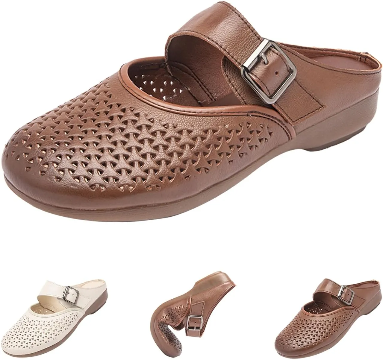 Women's Leather Slip-On Mules,Lightweight Comfy Closed Toe Backless Clogs Adjustable Buckle Oxford Casual Dress Sandals
