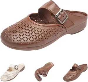 Women's Leather Slip-On Mules,Lightweight Comfy Closed Toe Backless Clogs Adjustable Buckle Oxford Casual Dress Sandals