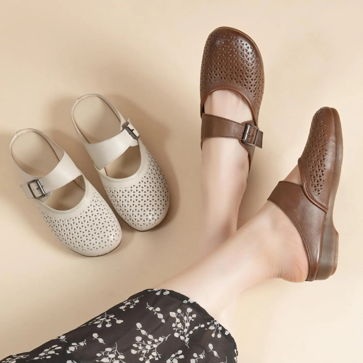 Women's Leather Slip-On Mules,Lightweight Comfy Closed Toe Backless Clogs Adjustable Buckle Oxford Casual Dress Sandals