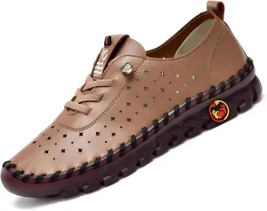 Women's Leather Soft Bottom Flat Shoes, Handmade Cowhide Loafers Breathable Non-Slip Comfort Orthopedic Walking Shoes