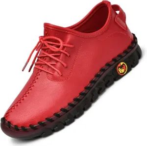 Women's Leather Soft Bottom Flat Slip-on Loafers Ultra-Comfy Handmade Cutout Breathable lace-up Non-Slip Walk Orthotic Shoes (red,10,Women,10)