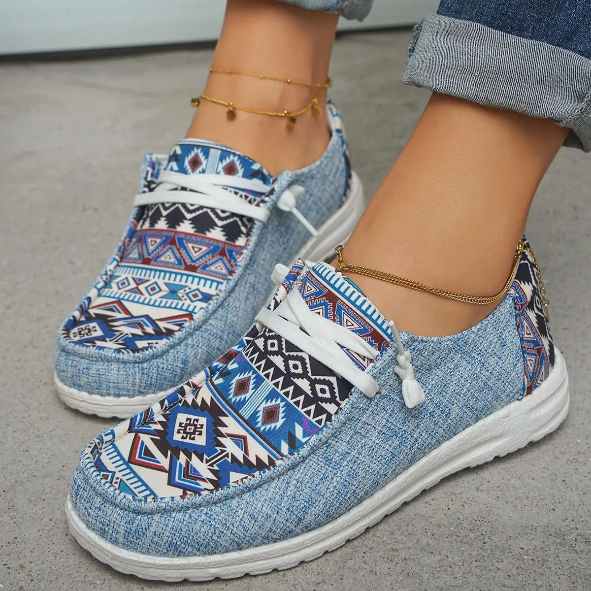 Women's Light Weight Lace Up Aztec Canvas Casual Loafers Ultralight Sole Breathable Wide Boat Shoes Sport Knit Slip On Low Top Outdoor Walking Casual Comfortable Round Toe Loafers, Blue/Brown/Rose