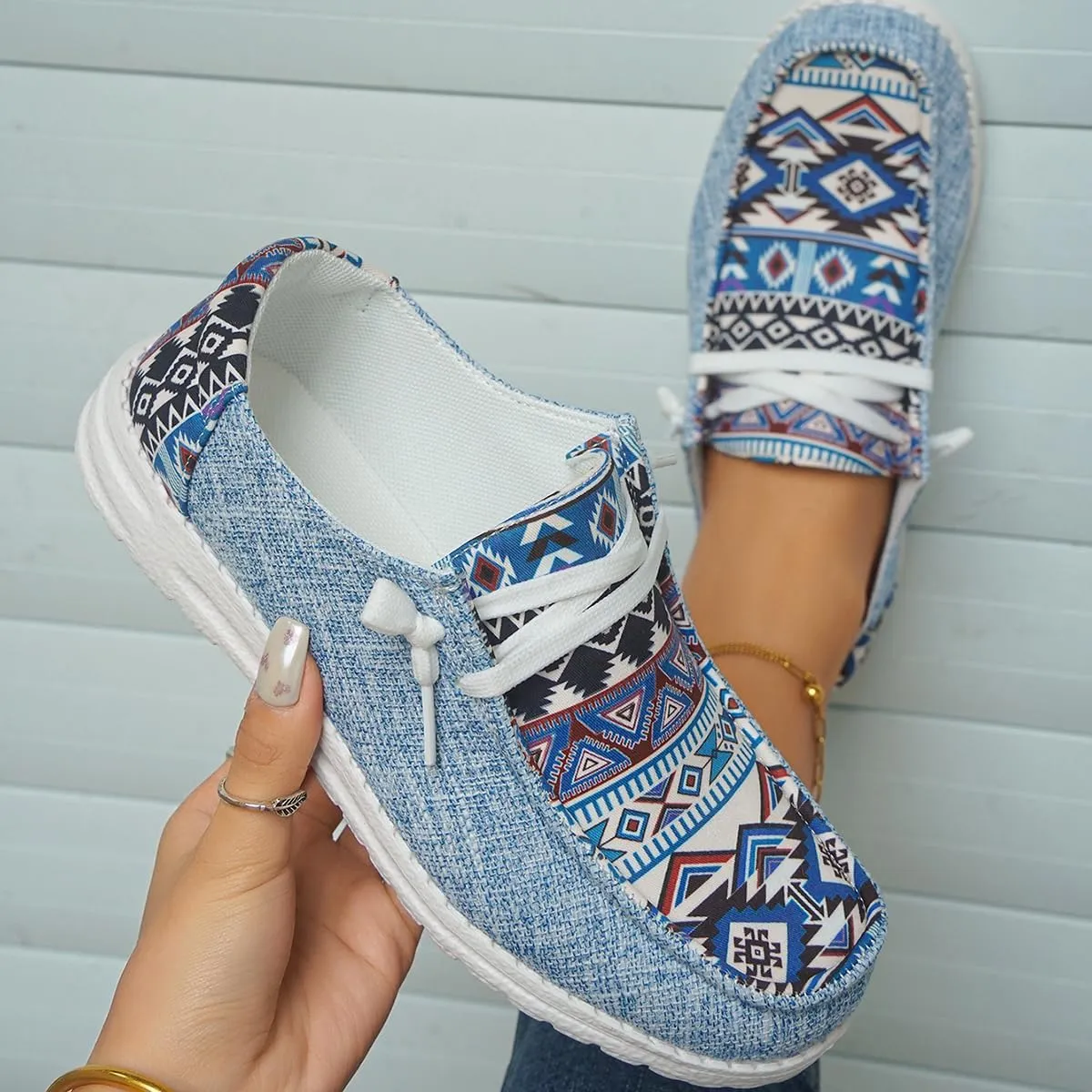 Women's Light Weight Lace Up Aztec Canvas Casual Loafers Ultralight Sole Breathable Wide Boat Shoes Sport Knit Slip On Low Top Outdoor Walking Casual Comfortable Round Toe Loafers, Blue/Brown/Rose