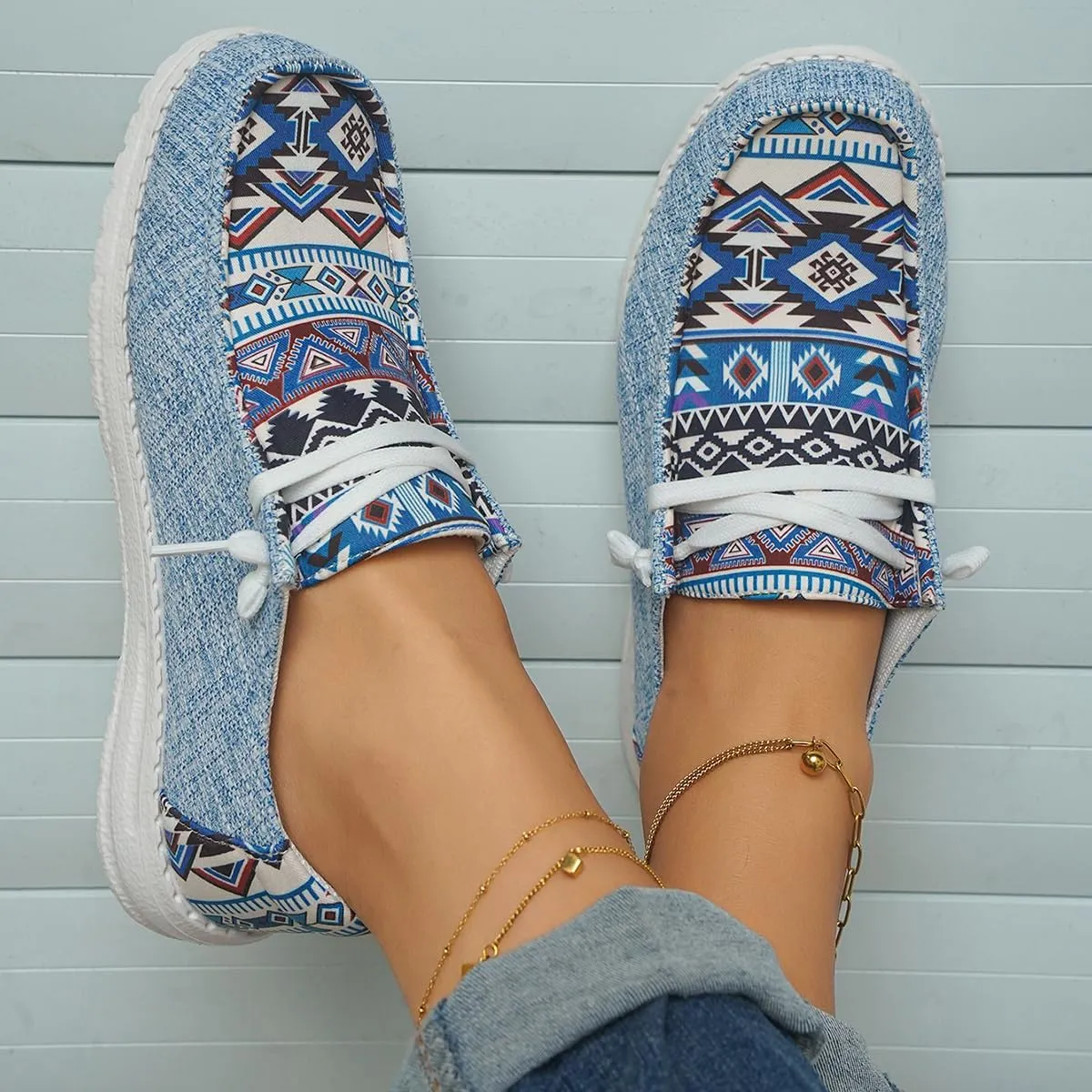 Women's Light Weight Lace Up Aztec Canvas Casual Loafers Ultralight Sole Breathable Wide Boat Shoes Sport Knit Slip On Low Top Outdoor Walking Casual Comfortable Round Toe Loafers, Blue/Brown/Rose