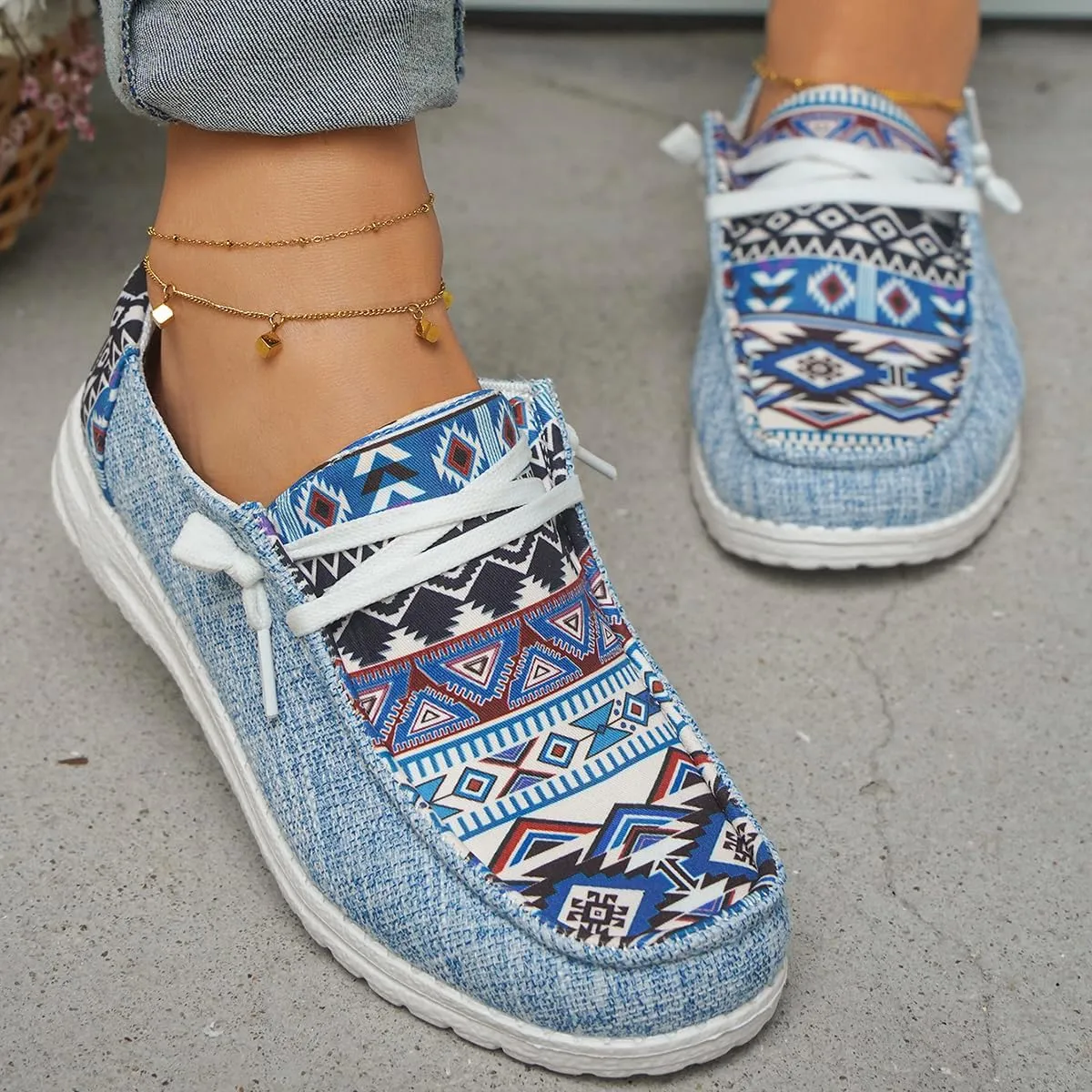 Women's Light Weight Lace Up Aztec Canvas Casual Loafers Ultralight Sole Breathable Wide Boat Shoes Sport Knit Slip On Low Top Outdoor Walking Casual Comfortable Round Toe Loafers, Blue/Brown/Rose