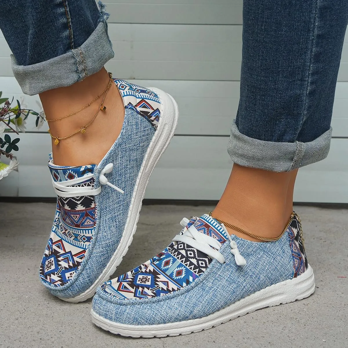 Women's Light Weight Lace Up Aztec Canvas Casual Loafers Ultralight Sole Breathable Wide Boat Shoes Sport Knit Slip On Low Top Outdoor Walking Casual Comfortable Round Toe Loafers, Blue/Brown/Rose