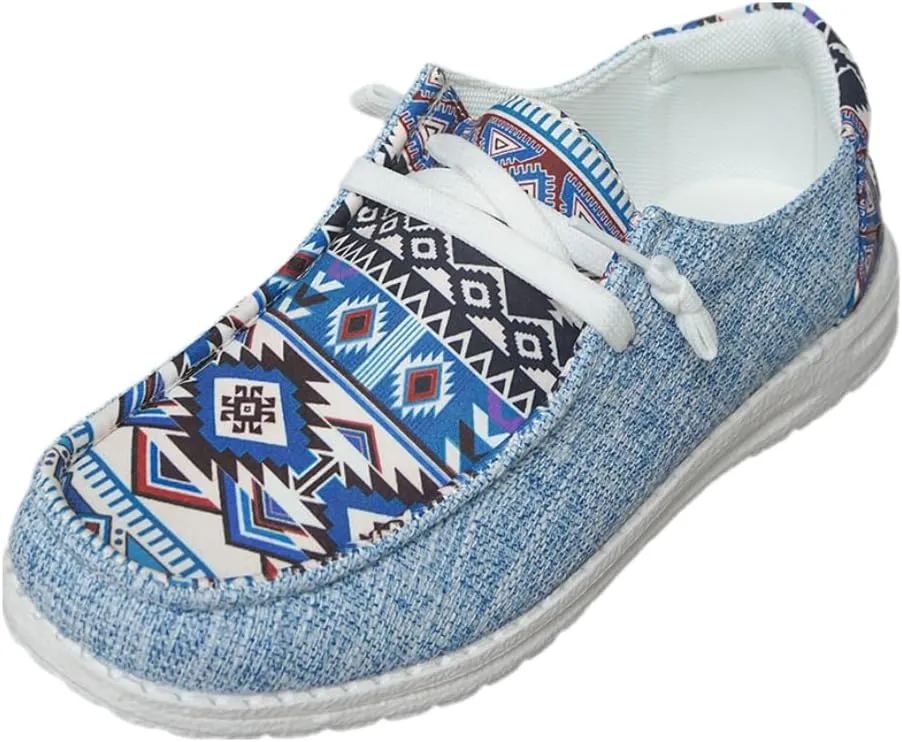 Women's Light Weight Lace Up Aztec Canvas Casual Loafers Ultralight Sole Breathable Wide Boat Shoes Sport Knit Slip On Low Top Outdoor Walking Casual Comfortable Round Toe Loafers, Blue/Brown/Rose