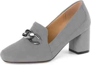 Women's Low Heel Pumps Loafers with Metal Buckle Square Toe Pumps Chunky Heeled Pump Stylish Comfortable 2.5 Inch Loafers Heels