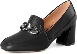 Women's Low Heel Pumps Loafers with Metal Buckle Square Toe Pumps Chunky Heeled Pump Stylish Comfortable 2.5 Inch Loafers Heels