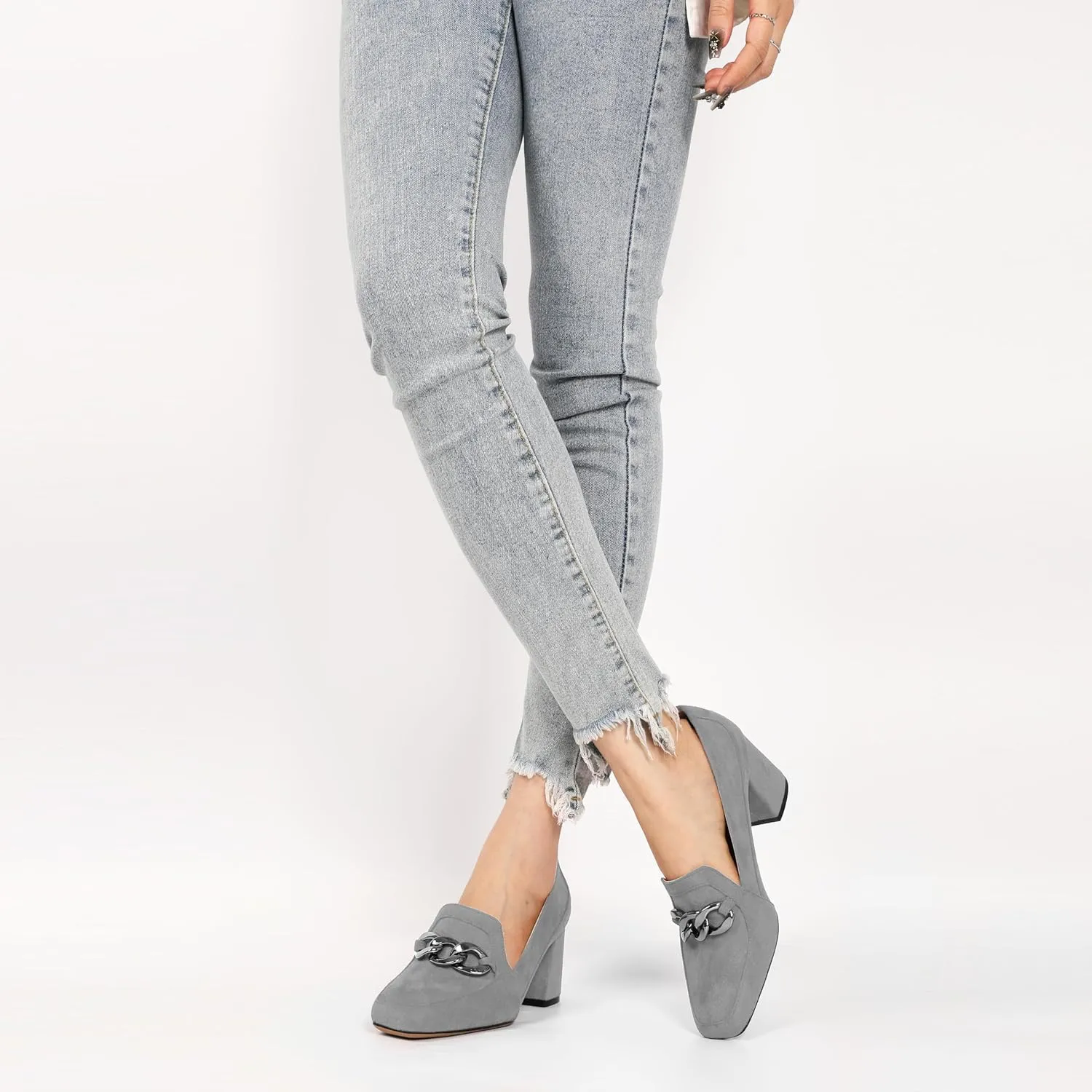 Women's Low Heel Pumps Loafers with Metal Buckle Square Toe Pumps Chunky Heeled Pump Stylish Comfortable 2.5 Inch Loafers Heels