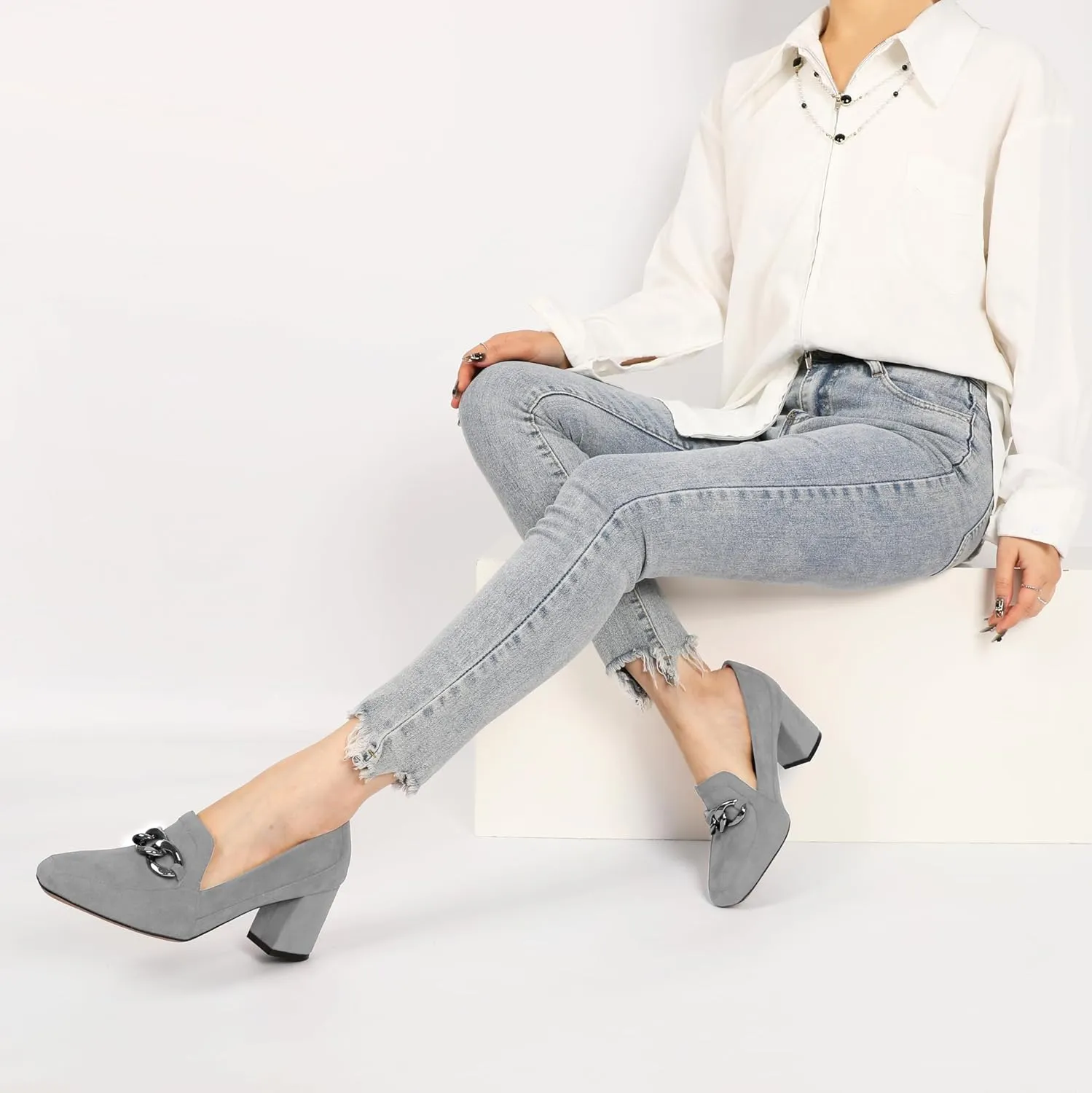 Women's Low Heel Pumps Loafers with Metal Buckle Square Toe Pumps Chunky Heeled Pump Stylish Comfortable 2.5 Inch Loafers Heels