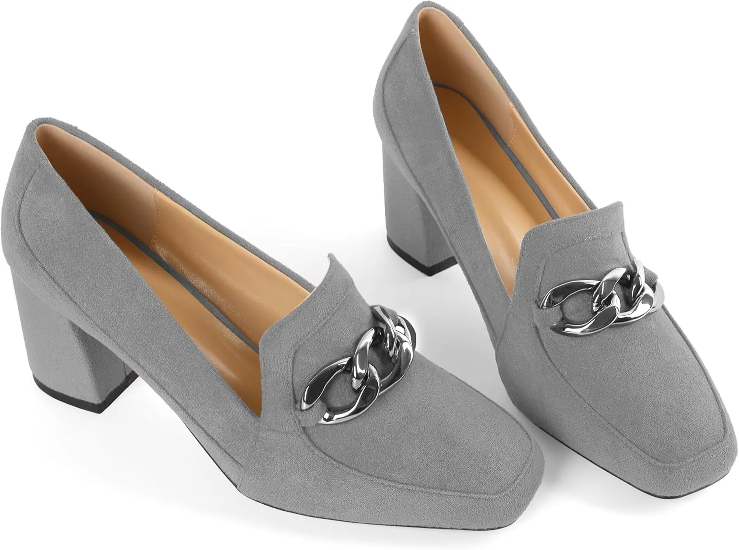 Women's Low Heel Pumps Loafers with Metal Buckle Square Toe Pumps Chunky Heeled Pump Stylish Comfortable 2.5 Inch Loafers Heels