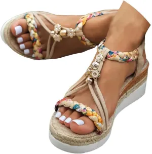 Womens Low Wedge Heels Sandals Shoes,Wide Width Platform Wedge Sandals for Women Summer Dressy,Comfort Walking Non Slip Casual Summer Beach Sandals Ankle Elastic Bohemian Woven Sandals