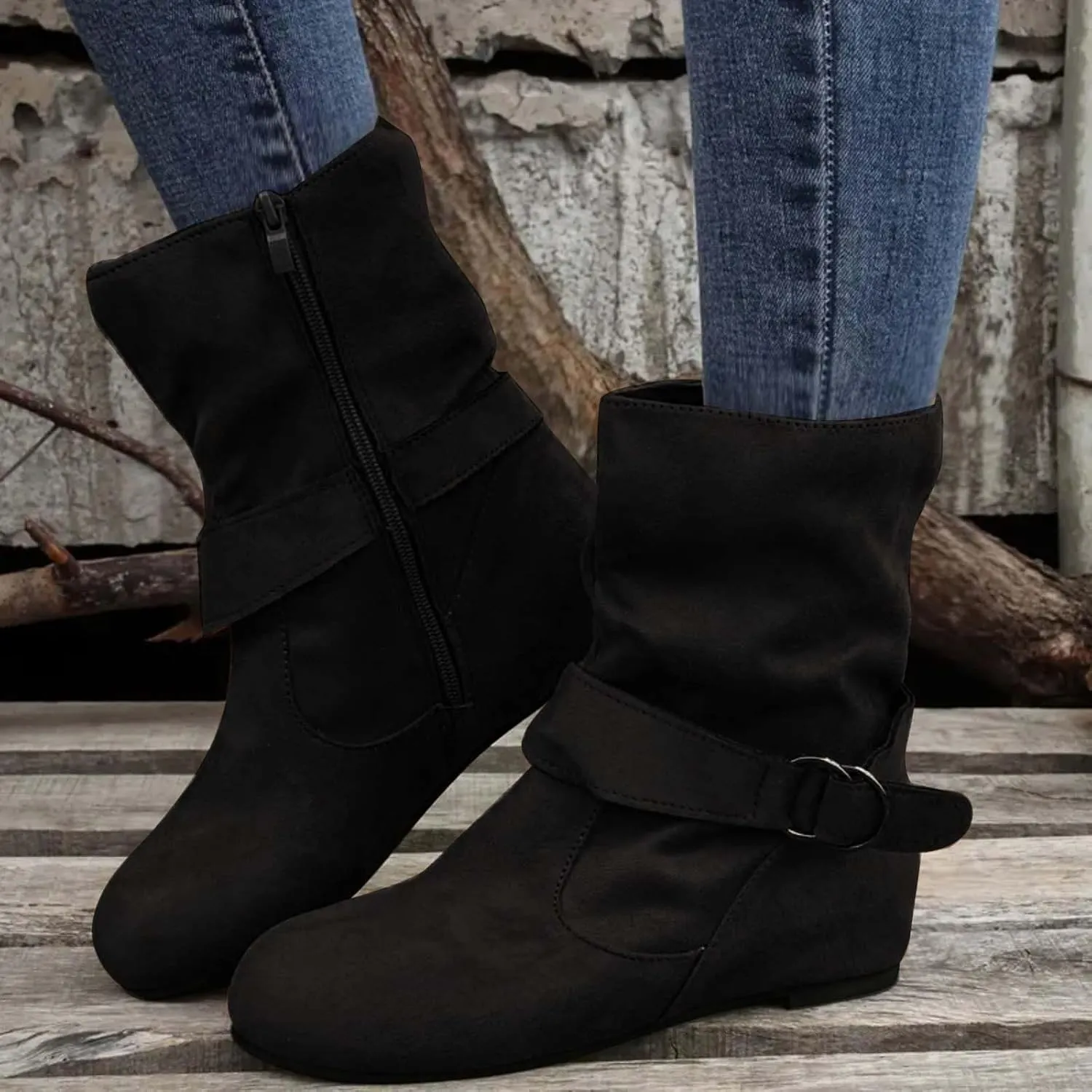 Women's Mid Calf Boots Fashion Slouchy Ruched Suede Round Toe Slip On Flats Ankle Booties Casual Winter Grey