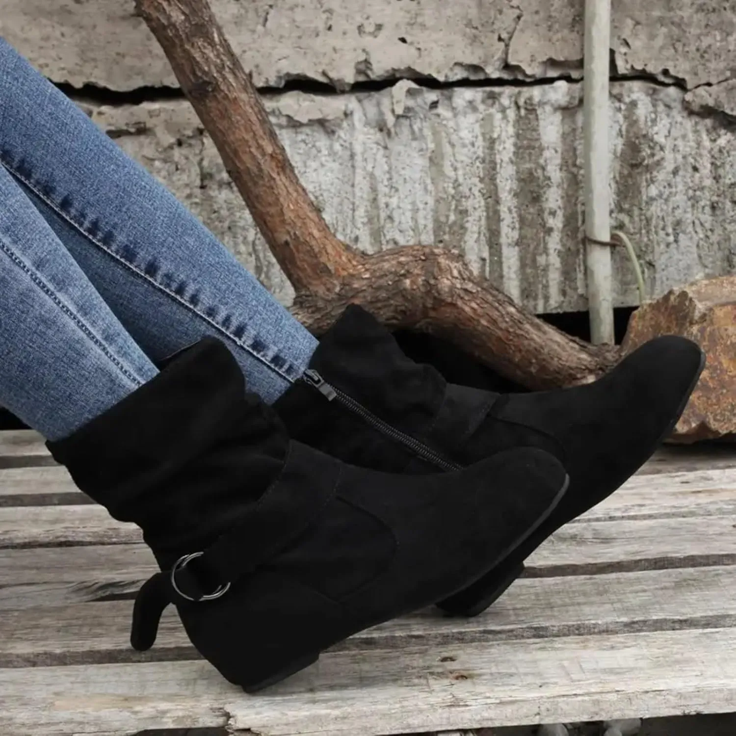 Women's Mid Calf Boots Fashion Slouchy Ruched Suede Round Toe Slip On Flats Ankle Booties Casual Winter Grey