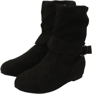 Women's Mid Calf Boots Fashion Slouchy Ruched Suede Round Toe Slip On Flats Ankle Booties Casual Winter Grey