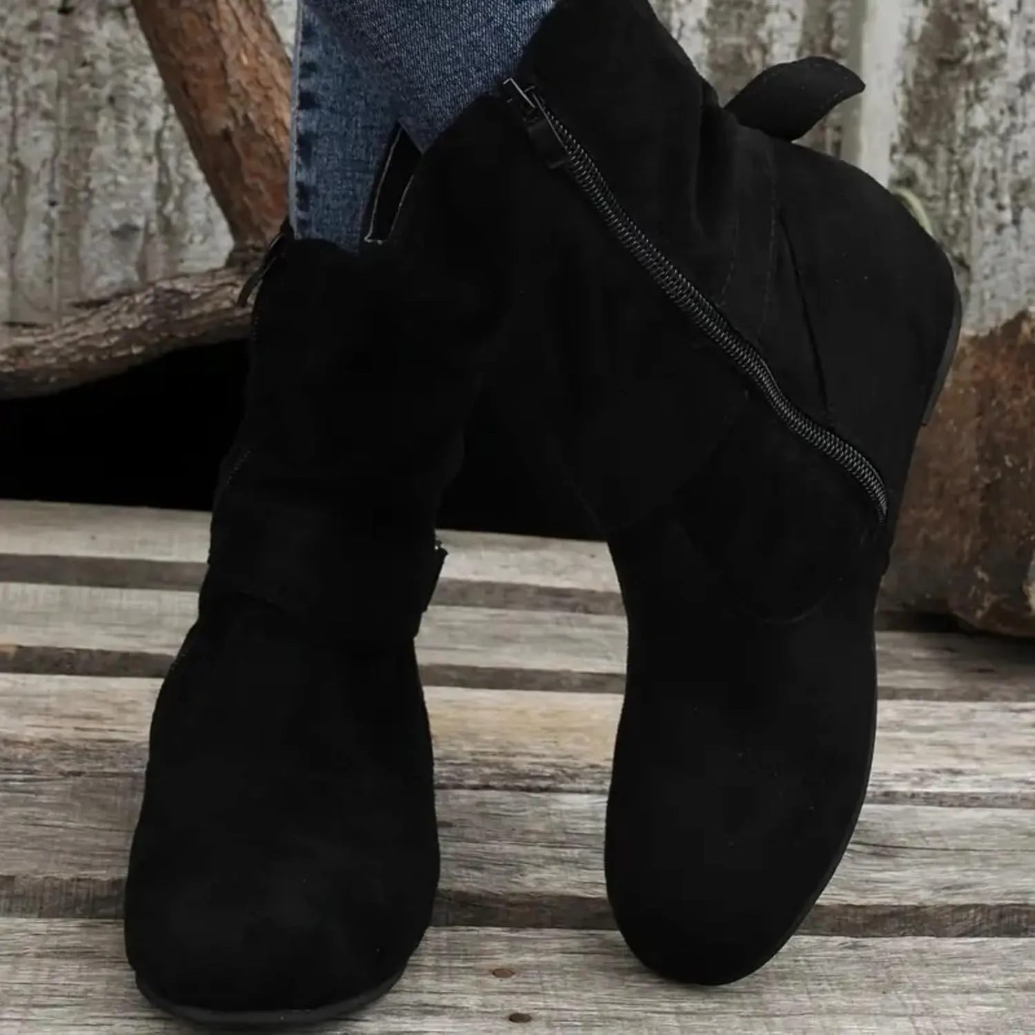 Women's Mid Calf Boots Fashion Slouchy Ruched Suede Round Toe Slip On Flats Ankle Booties Casual Winter Grey