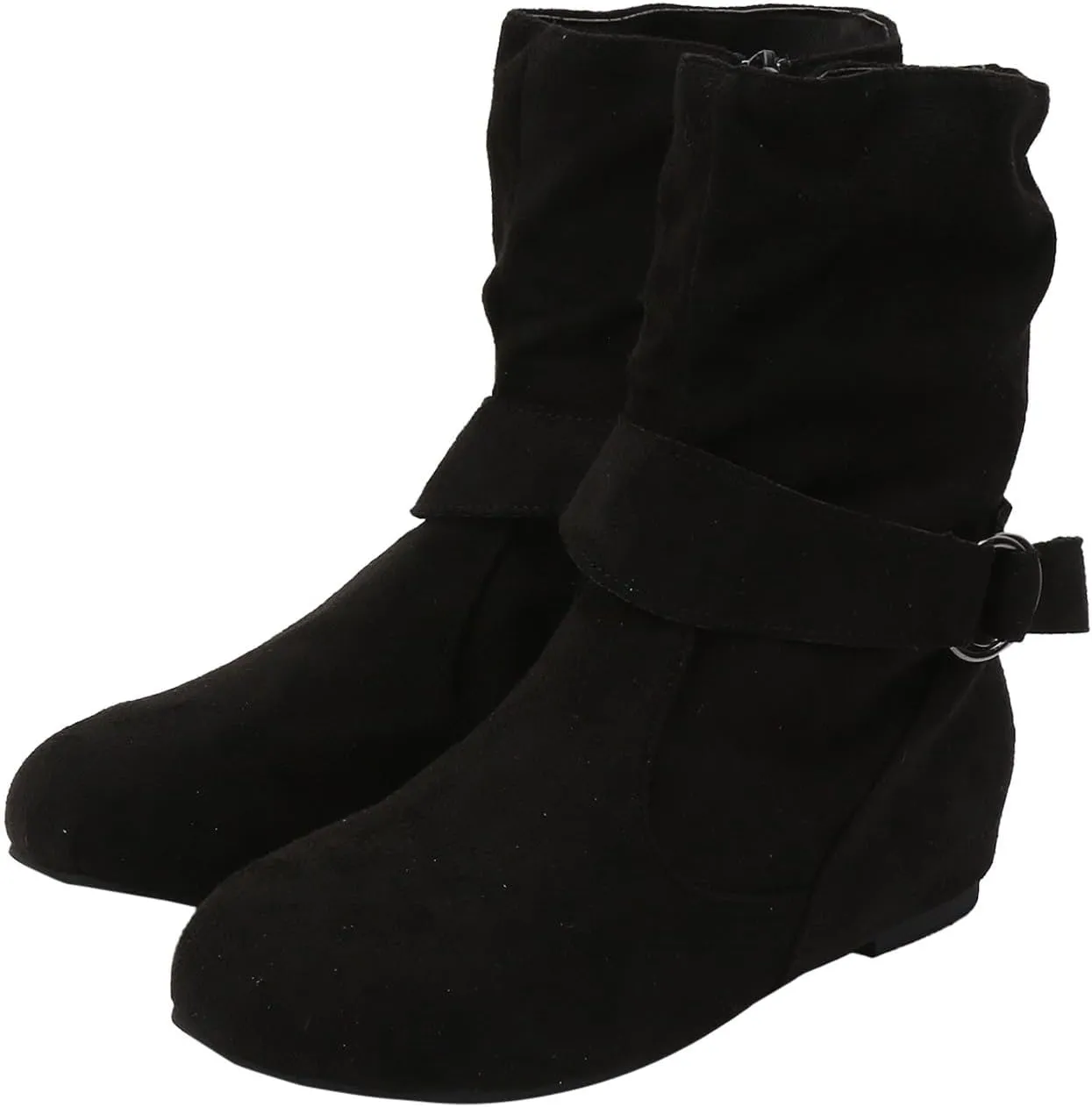 Women's Mid Calf Boots Fashion Slouchy Ruched Suede Round Toe Slip On Flats Ankle Booties Casual Winter Grey