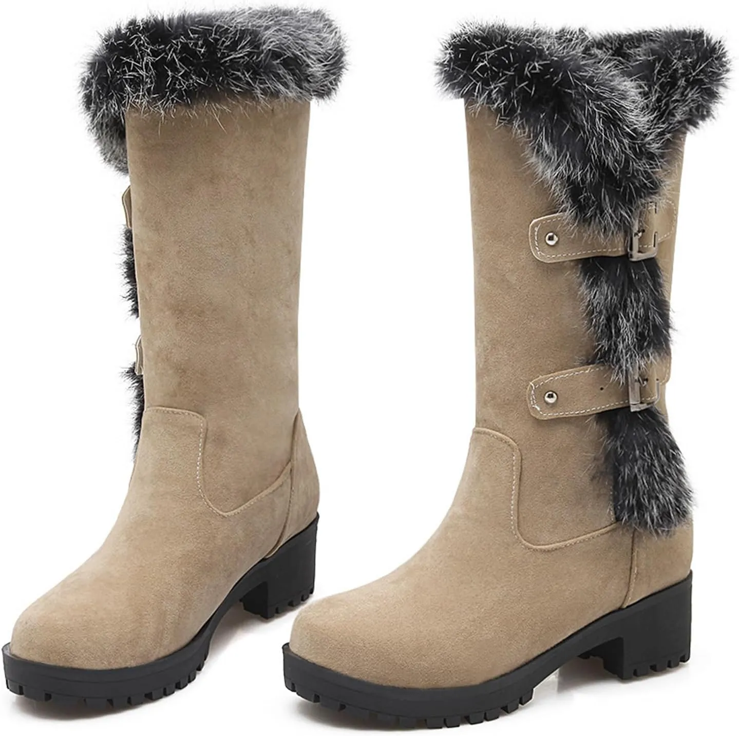 Women's Mid-Calf Winter Platform Hidden Wedge Boots Slip-on Thick Rabbit Fur Collar Warm Waterproof Stretch Leather Non-slip Snow Boot