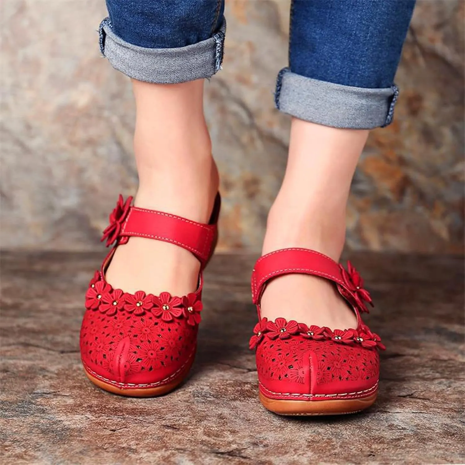 Womens Mule Closed Toe Slip On Clogs Mules Shoes for Women Dressy Summer Casual Wedge Sandals with Adjustable Hook Loop Comfortable Low Heel Orthopedic Sandal Round Head Anti-Slip Soft Bottom Footwear
