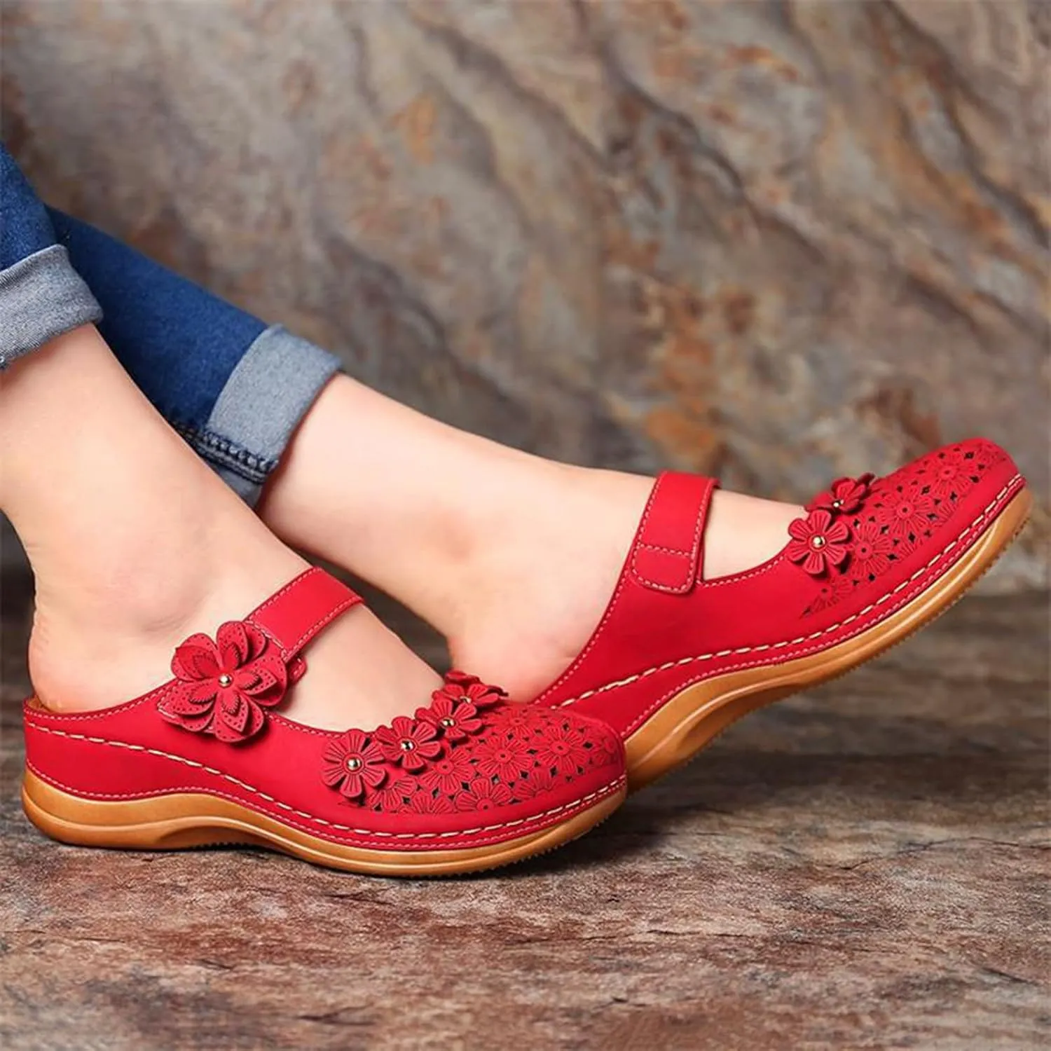 Womens Mule Closed Toe Slip On Clogs Mules Shoes for Women Dressy Summer Casual Wedge Sandals with Adjustable Hook Loop Comfortable Low Heel Orthopedic Sandal Round Head Anti-Slip Soft Bottom Footwear