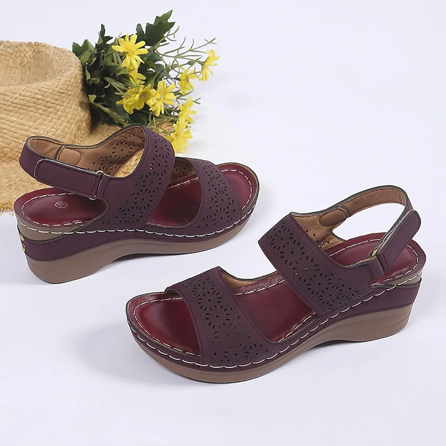 Women’s Open Toe Crisscross Straps Wedge Sandals Orthopedic Dressy Wedges Sandal Walking Casual Beach Slingback Retro Hook Loop Slip-on Slip on Comfort Arch Support Ankle Strap Summer Shoes