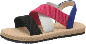 Women's Open Toe Elastic Ankle Strap Flat Summer Beach Sandal Comfy Slip on Sandals Dressy Strappy Shoes Sandals