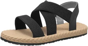 Women's Open Toe Elastic Ankle Strap Flat Summer Beach Sandal Comfy Slip on Sandals Dressy Strappy Shoes Sandals