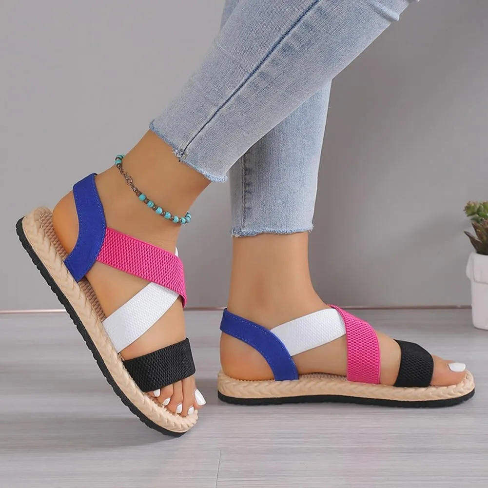 Women's Open Toe Elastic Ankle Strap Flat Summer Beach Sandal Comfy Slip on Sandals Dressy Strappy Shoes Sandals