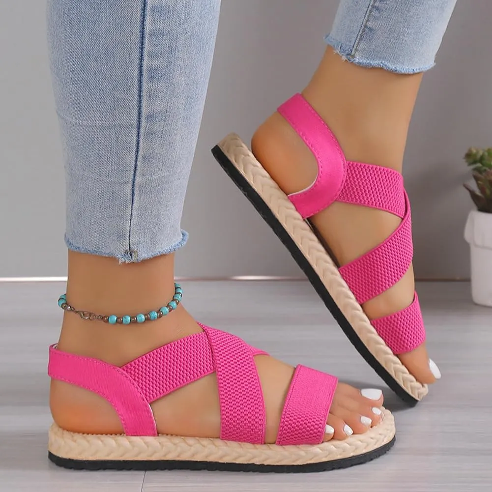 Women's Open Toe Elastic Ankle Strap Flat Summer Beach Sandal Comfy Slip on Sandals Dressy Strappy Shoes Sandals
