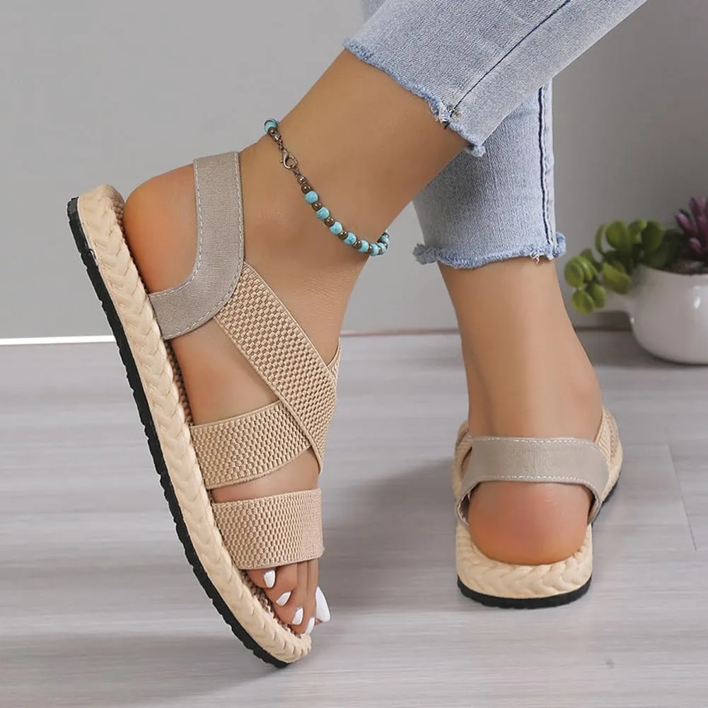 Women's Open Toe Elastic Ankle Strap Flat Summer Beach Sandal Comfy Slip on Sandals Dressy Strappy Shoes Sandals