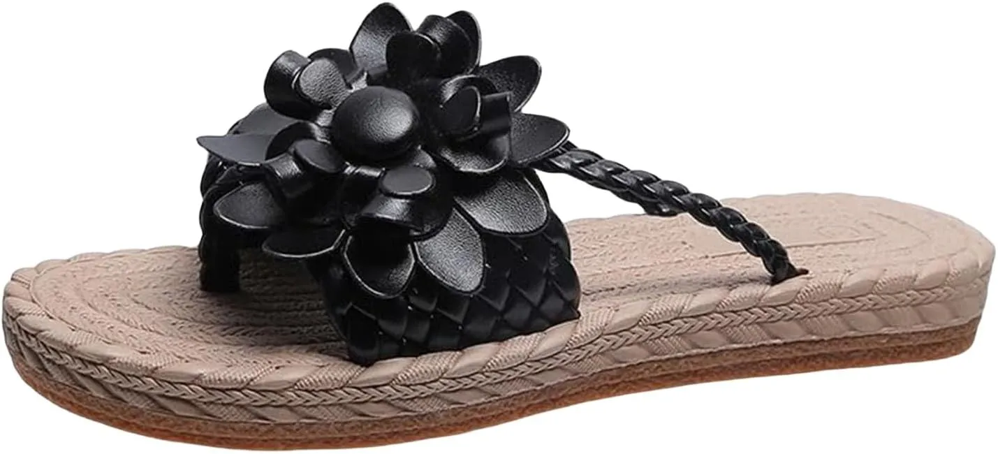Women's Orthopedic Flower Flat Flip Flops 3D Stereoscopic Floral Design Shoes Decor Weave Detail Open Toe Slides Sandals Braided Pattern Summer Vacation Slip on Slide Sandal Beach Slipper