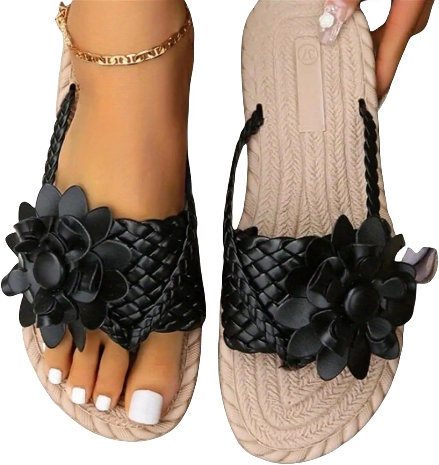 Women's Orthopedic Flower Flat Flip Flops 3D Stereoscopic Floral Design Shoes Decor Weave Detail Open Toe Slides Sandals Braided Pattern Summer Vacation Slip on Slide Sandal Beach Slipper