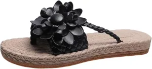 Women's Orthopedic Flower Flat Flip Flops 3D Stereoscopic Floral Design Shoes Decor Weave Detail Open Toe Slides Sandals Braided Pattern Summer Vacation Slip on Slide Sandal Beach Slipper