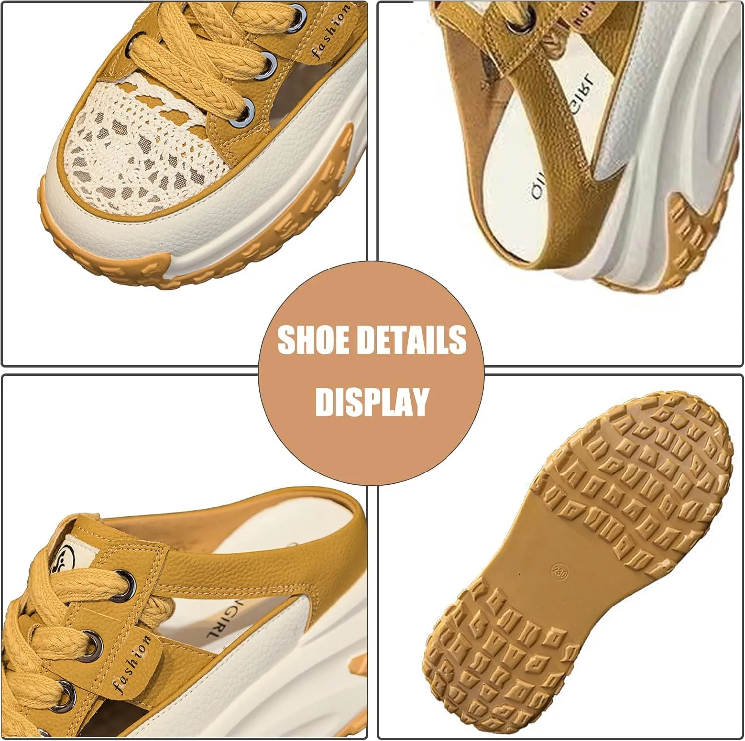 Women's Paneled Chunky Platform Slingback Mules Sneakers Hollow Out Lace-Up Lightweight Comfortable Slip-On Closed Toe Walking Sport Sandals Anti Slip Rubber Sole Clogs