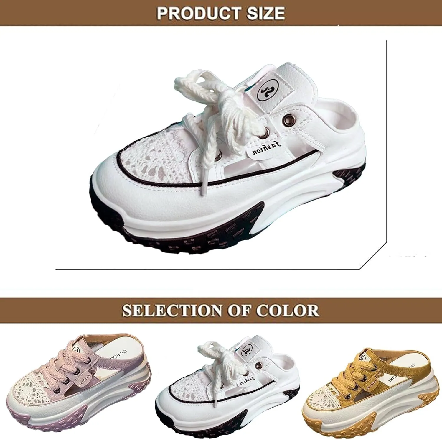 Women's Paneled Chunky Platform Slingback Mules Sneakers Hollow Out Lace-Up Lightweight Comfortable Slip-On Closed Toe Walking Sport Sandals Anti Slip Rubber Sole Clogs