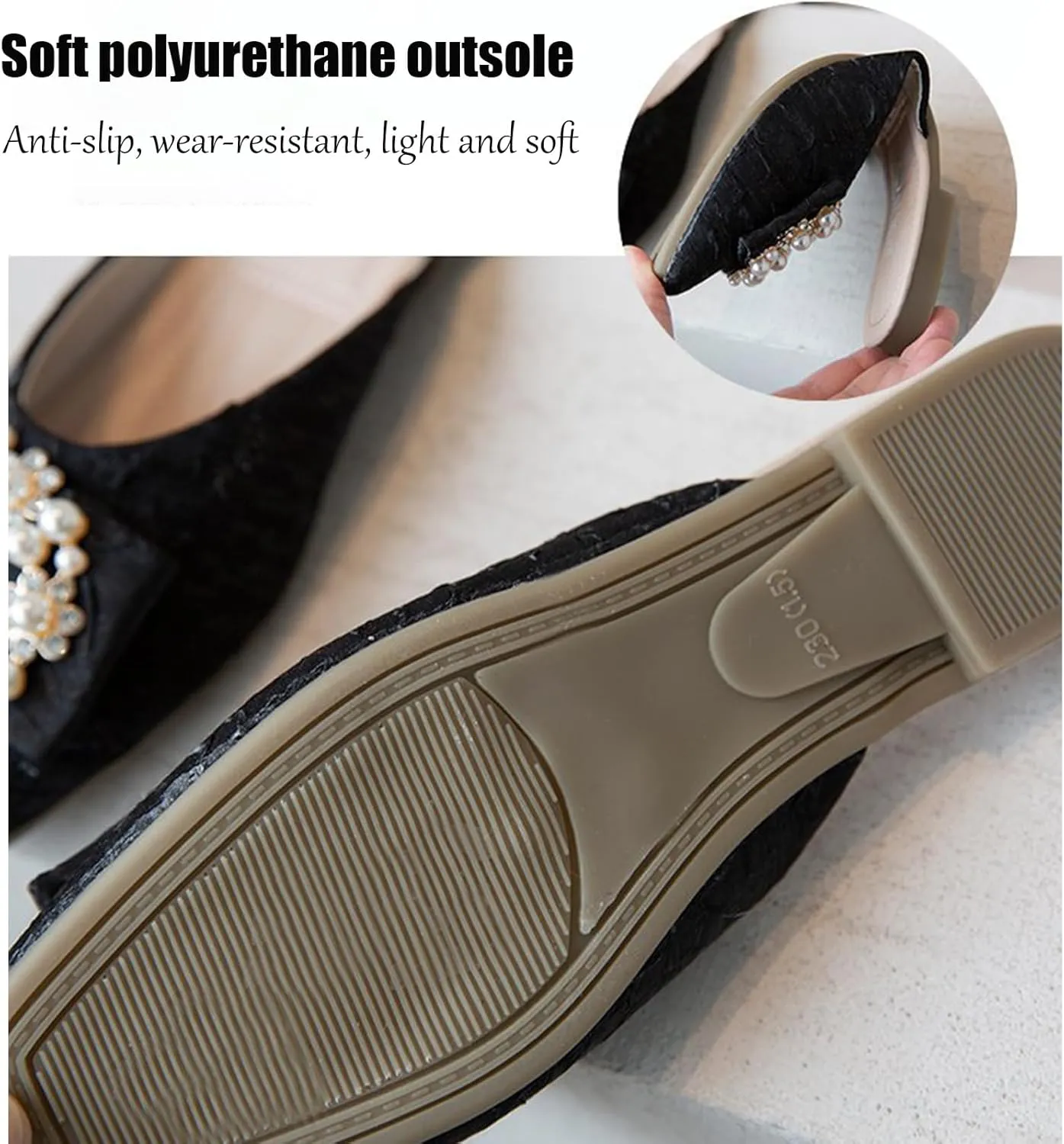 Women's Pearl Flat Mules Shiny Rhinestone Closed Square Toe Flats Backless Slippers