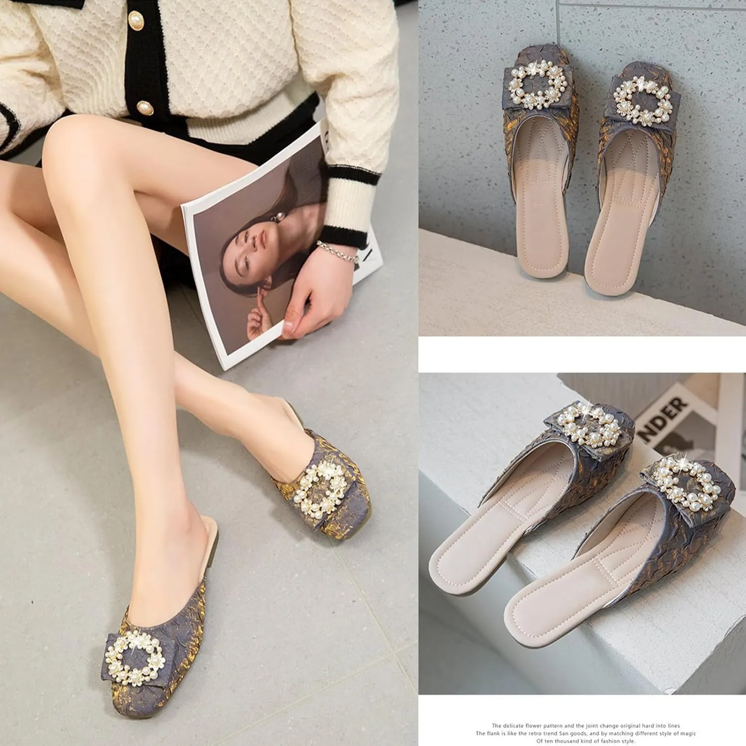 Women's Pearl Flat Mules Shiny Rhinestone Closed Square Toe Flats Backless Slippers