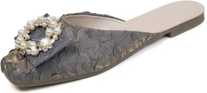 Women's Pearl Flat Mules Shiny Rhinestone Closed Square Toe Flats Backless Slippers